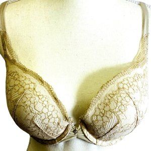 Victoria's Secret Padded Demi Champagne Lace Plunge Push-up Bra Size 34DD